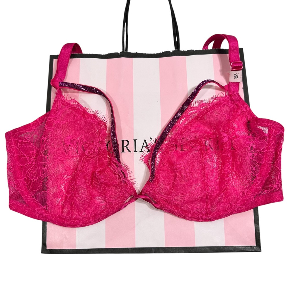 NWT Victoria's‎ Secret Very Sexy Low Cut Demi Bra 36C Hot Pink Lace Rhinestone